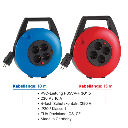 HEDI Kabelbox 10 m / 15 m, H05VV-F 3G1,5 mm², 4-fach Schutzkontakt-Steckdose