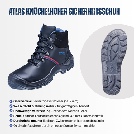 Atlas knöchelhoher Sicherheitsschuh ANATOMIC BAU 500 S3, Weite 10