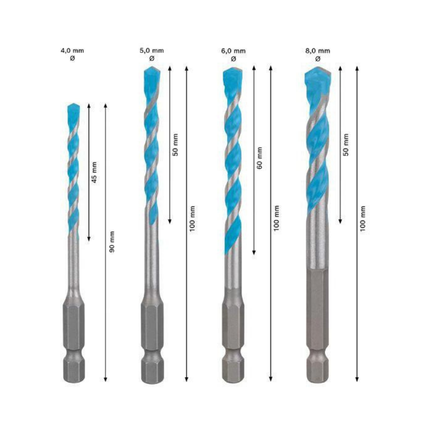 Bohrer-Set EXPERT HEX-9 Multi Construction Arbeitslänge 45/50/60/50 mm 4-teilig Ø 4/5/6/8 mm