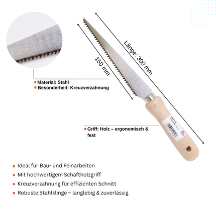 Gipserstichsäge Gipssäge Gipskarton Säge mit Holzgriff Blattlänge - 150 mm