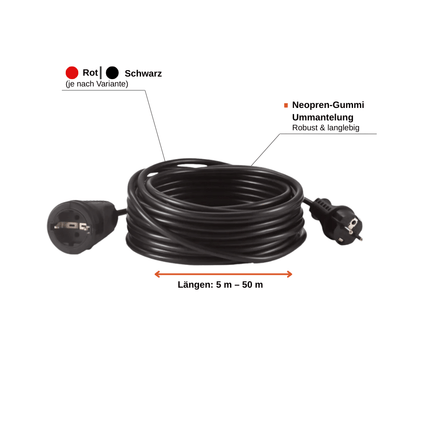 HEDI Verlängerungsleitung Wechselstrom H07RN-F 3G1,5 schwarz/rot Schwarz / 5 m