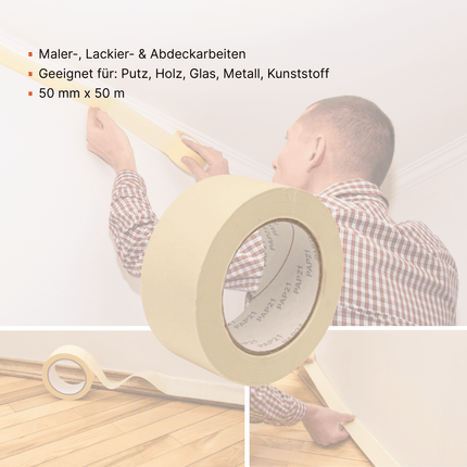 Malerkrepp Abklebeband Abdeckband Malerband 50mm x 50m – Feinkrepp, beige