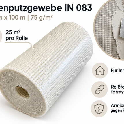 Putzgewebe für Innenbereich 75 g/m², 5×5 mm, weichmacherfrei 25 cm/ 100 meter