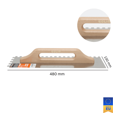Rostfreie Zahnkelle, Zahntraufel rechteck gezahnt, Holzgriff 0,7mm 130*480 mm