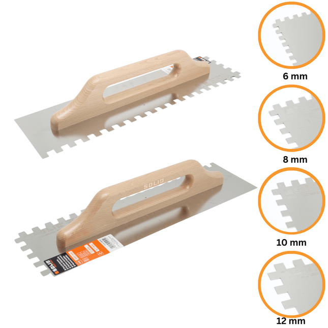 Rostfreie Zahnkelle, Zahntraufel rechteck gezahnt, Holzgriff 0,7mm 130*480 mm