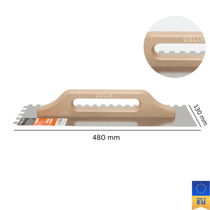 Rostfreie Zahnkelle, Zahntraufel rechteck gezahnt, Holzgriff 0,7mm 130*480 mm