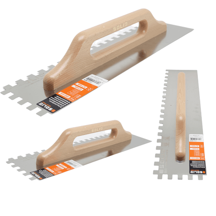 Rostfreie Zahnkelle, Zahntraufel rechteck gezahnt, Holzgriff 0,7mm 130*480 mm