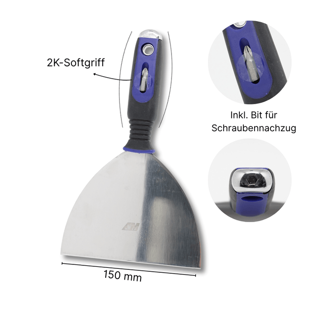 Trockenbauspachtel / Malerspachtel 150mm mit flexiblem Edelstahlblatt & 2K-Griff