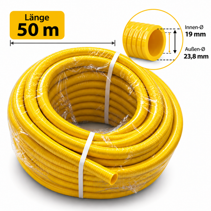 Wasserschlauch aus PVC,  flexibler mehrschichtiger gelber PVC-Schlauch Länge 50 m / Innen-Ø 19 mm / AußenØ 23.8 mm