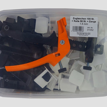 Zuglaschen 100 St. + Keile 50 St. + Zange für Fliesen Nivelliersystem 1.5 mm + Zange